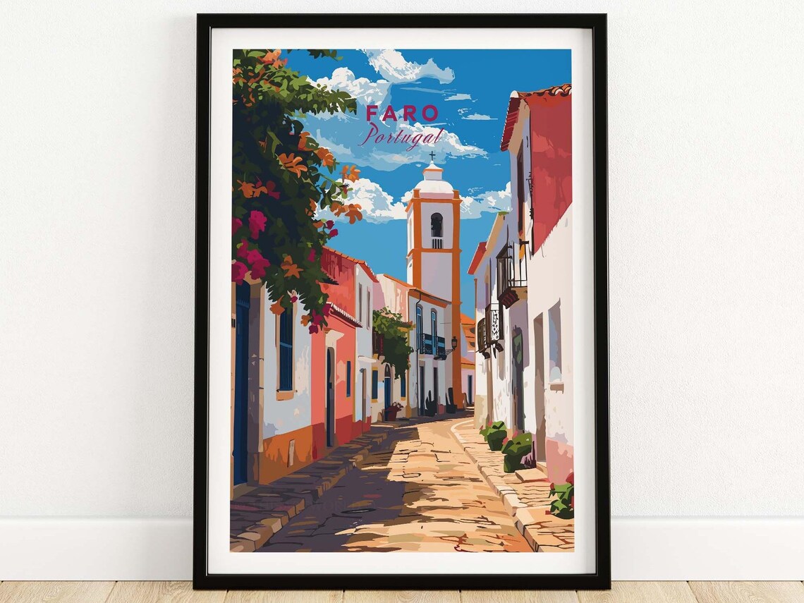 Faro Portugal Old Town Church Tower Colorful Street Art Poster