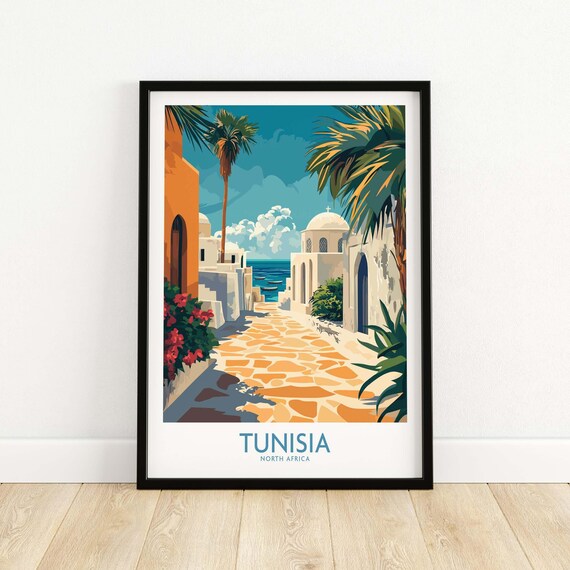 Tunisia Coastal Street Poster with Palms and White Buildings
