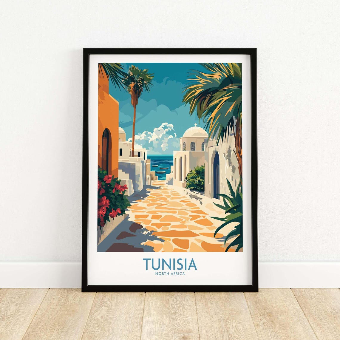 Tunisia Coastal Street Poster with Palms and White Buildings