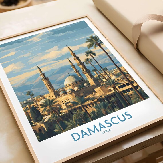 Damascus Syria Mosque Minarets Warm Daytime Skyline Poster Art