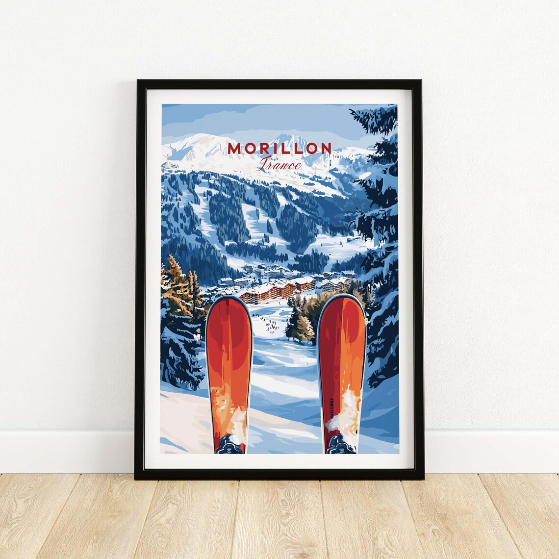 Morillon France Skier Slope View Red Skis Alpine Travel Poster