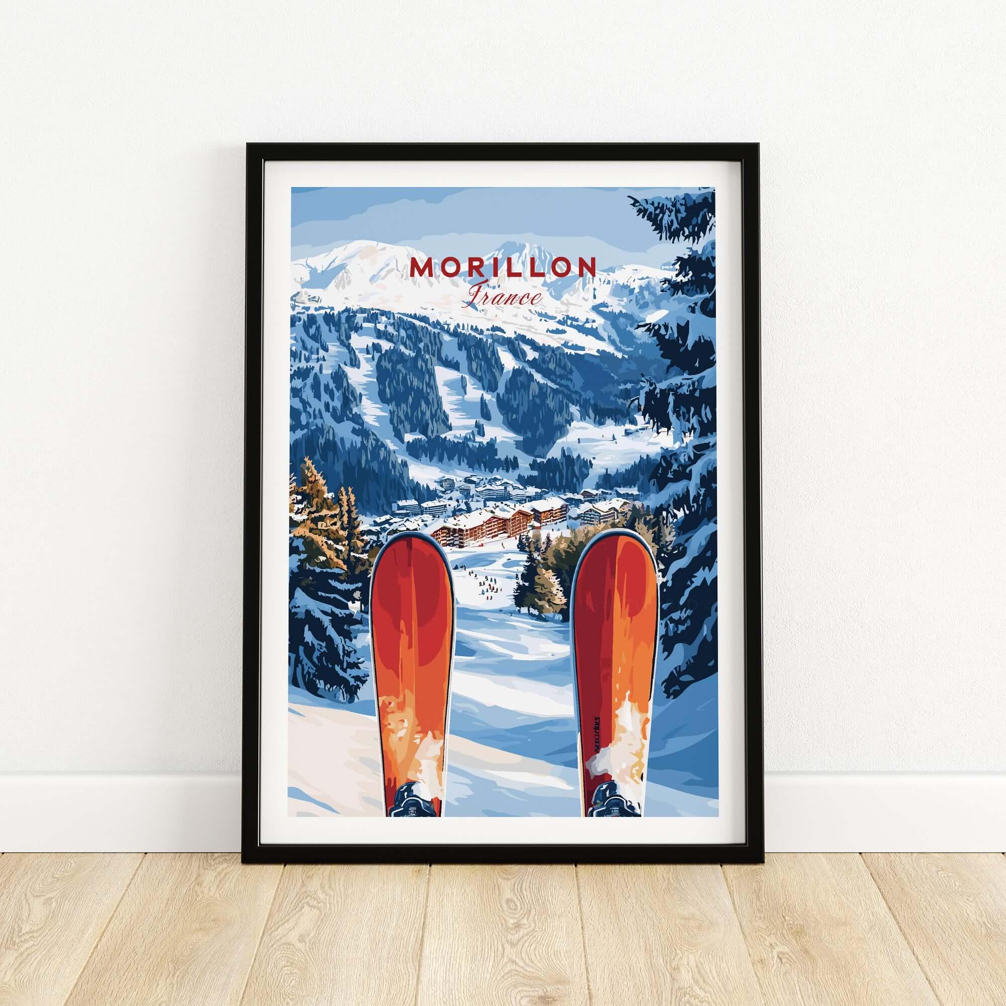 Morillon France Skier Slope View Red Skis Alpine Travel Poster