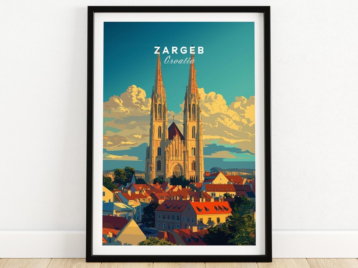 Zargeb Croatia Twin Spire Cathedral Old Town Retro Travel Poster