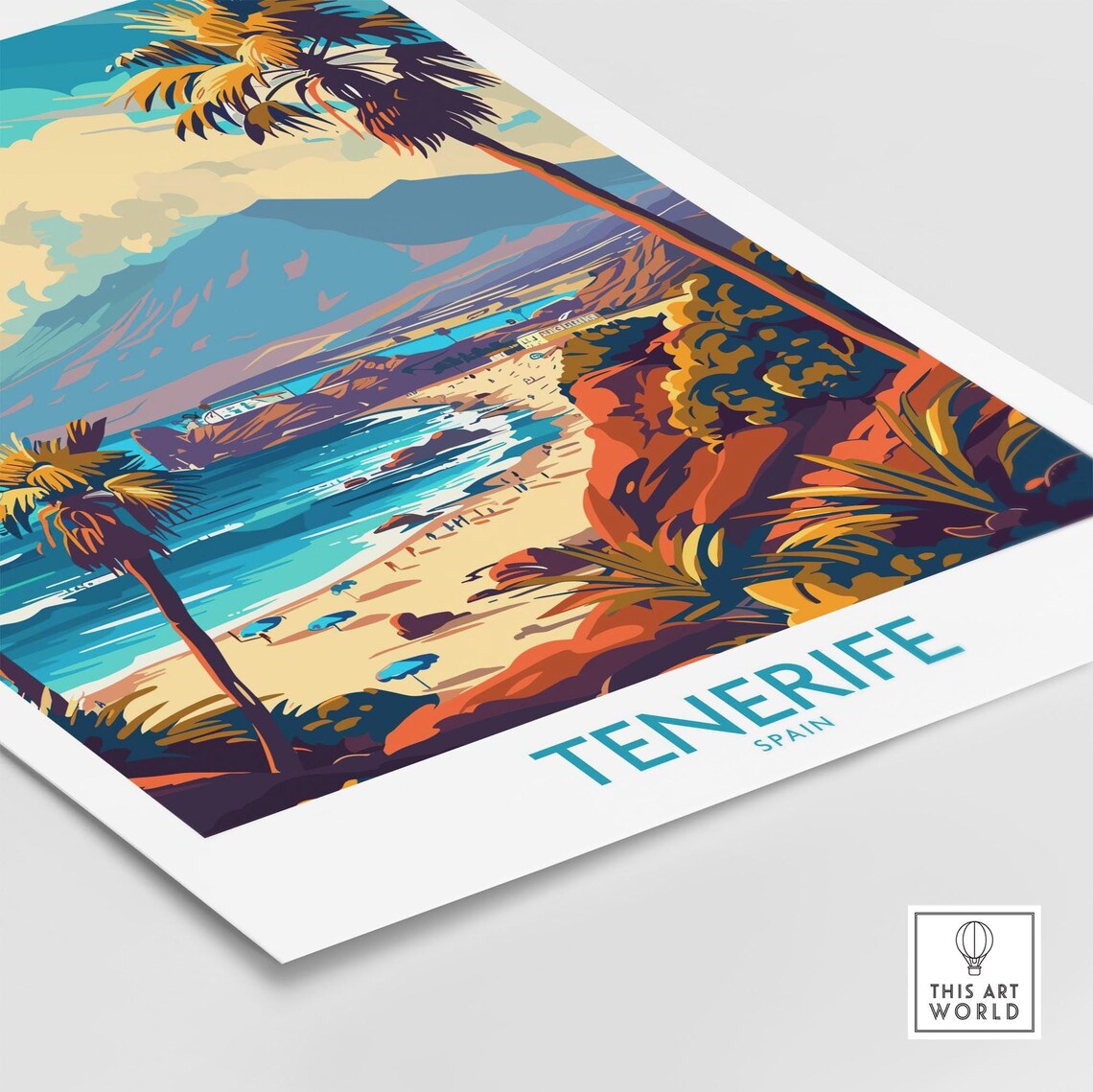Sunny Tenerife Spain Palm Beach Umbrellas Bay Retro Coast Poster - Image 4