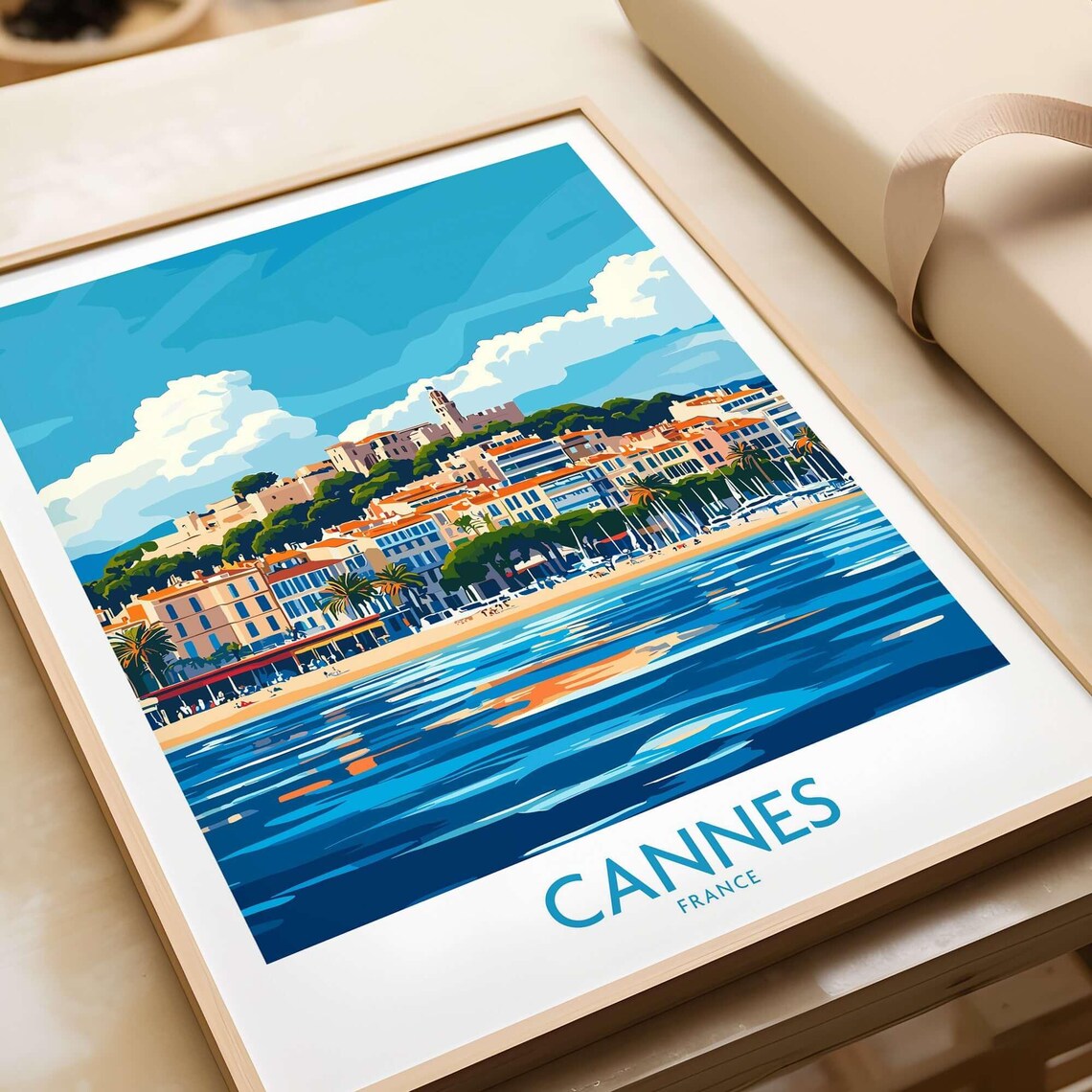 Cannes France Riviera Town Beach Palm Trees Vintage Travel Poster