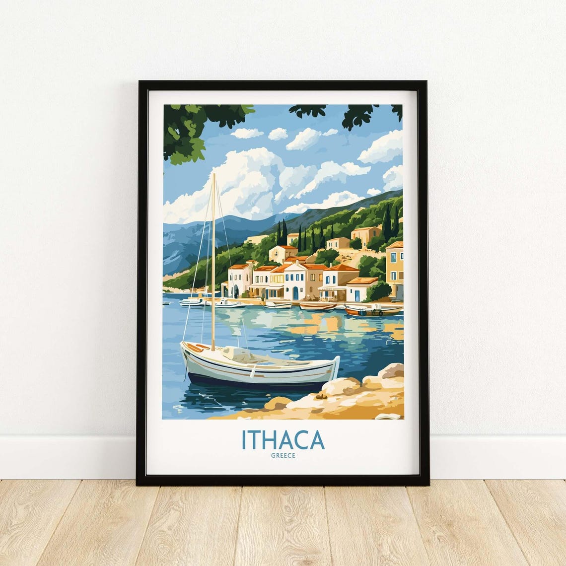 Ithaca Greece Harbor Sailboat Coastal Village Sunset Travel Poster