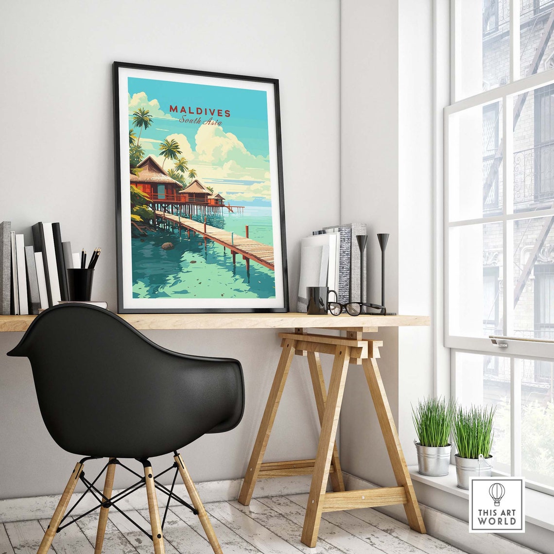 Maldives South Asia Overwater Bungalows Palm Tree Ocean Poster