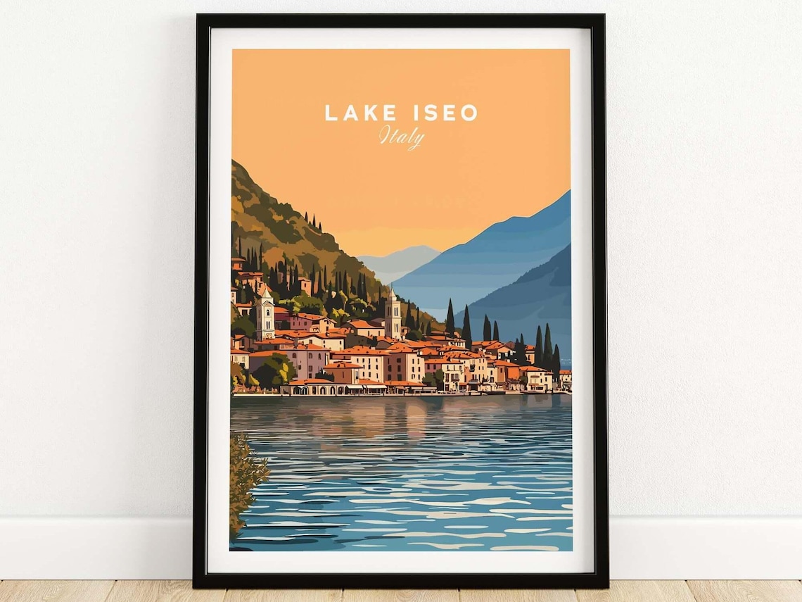 Lake Iseo Italy Minimalist Orange Sky Lake Village Retro Travel Poster