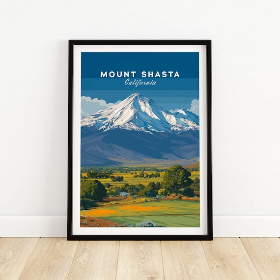 Mount Shasta California Travel Poster Snow Capped Volcano Meadow
