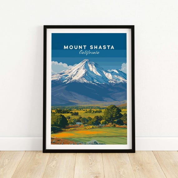 Mount Shasta Print Wall Art Travel Poster Decor Mountain Peak Illustration Home Office Display Wanderlust Gift