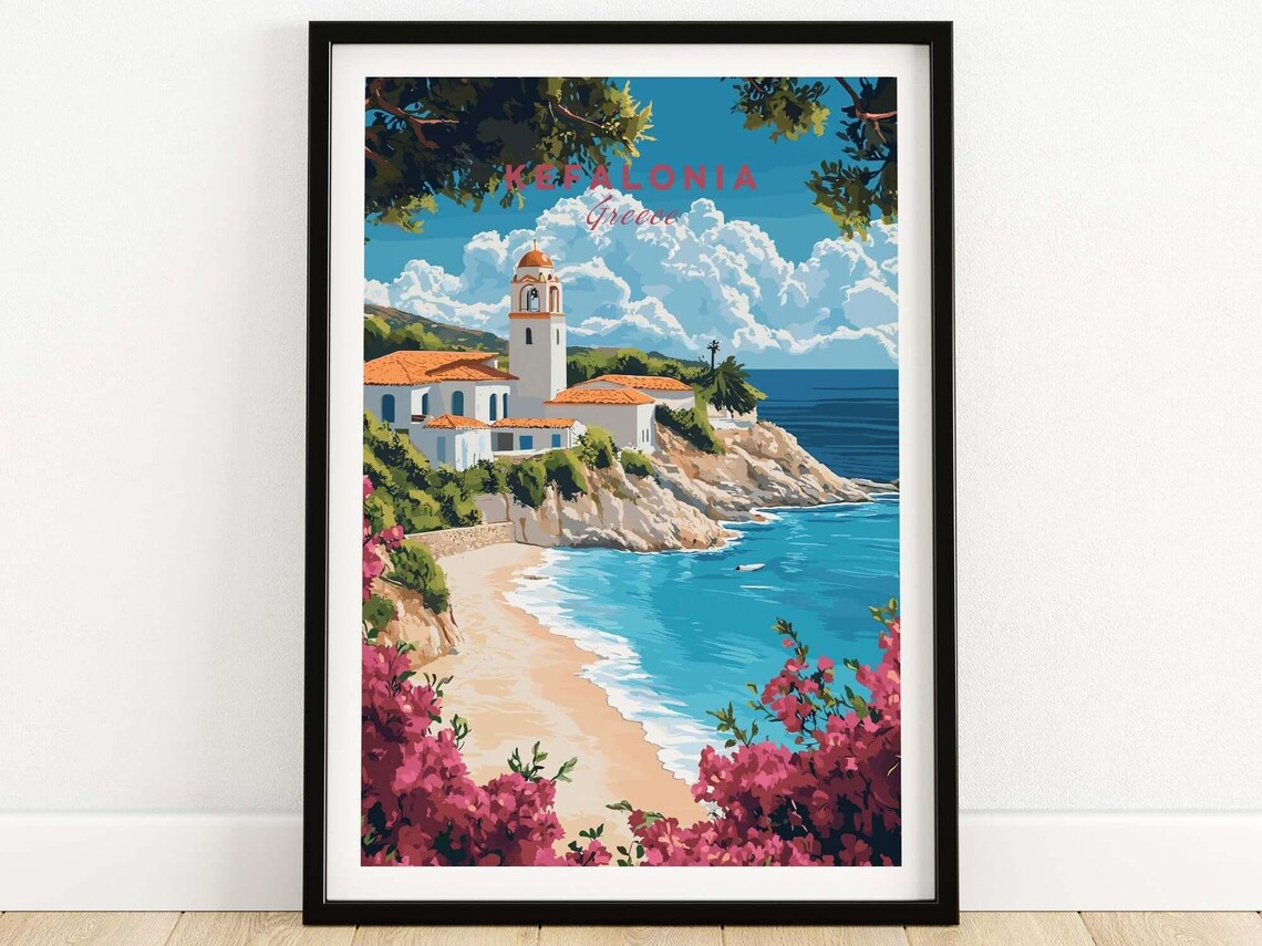 Kefalonia Greece Beach Church Cliffside Sea View Travel Poster