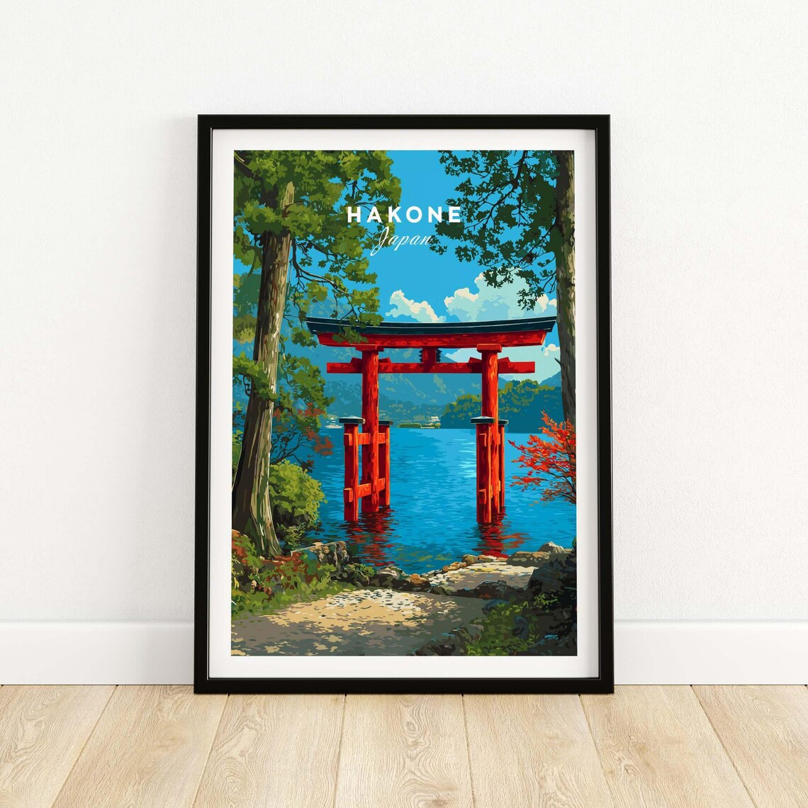 Hakone Japan Red Torii Gate Lake Ashi Scenic Shrine Travel Poster