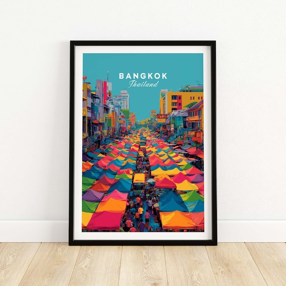 Bangkok Thailand Floating Market Colorful Umbrellas Travel Poster