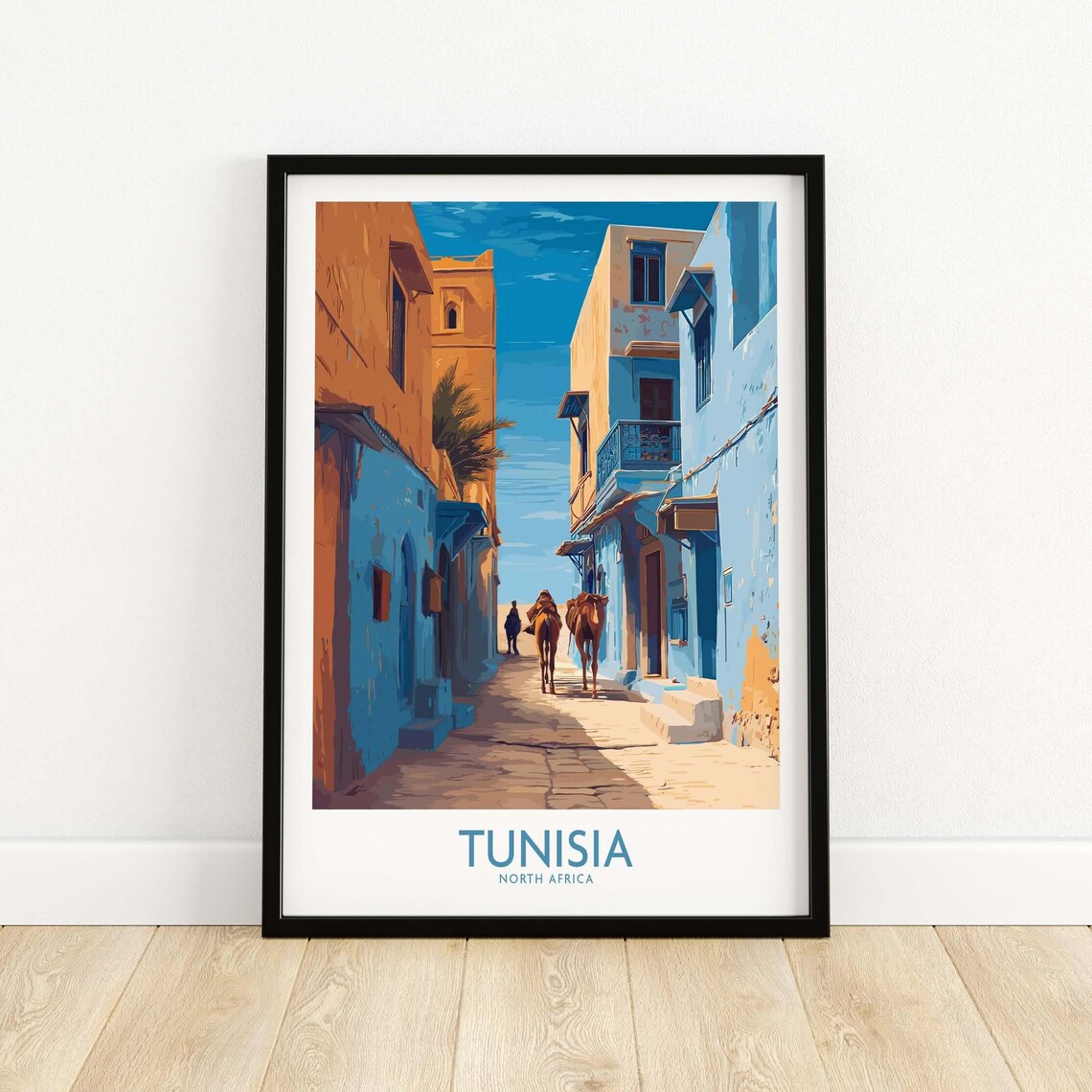 Tunisia North Africa Blue Old Town Camel Street Travel Poster