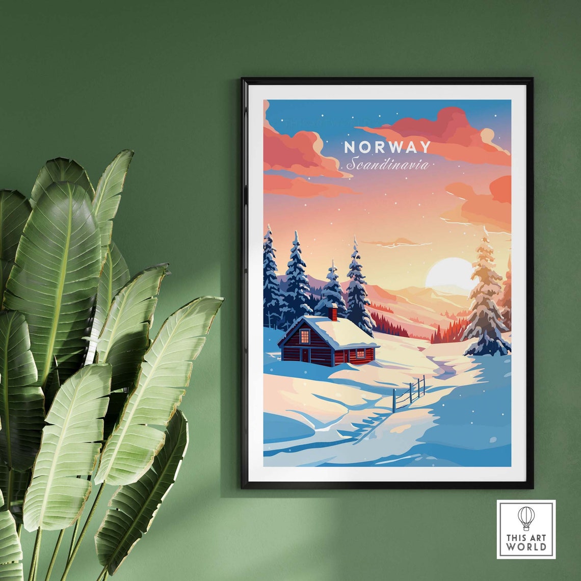 Norway Scandinavia Snowy Cabin Pink Sunrise Winter Art Poster - Image 2