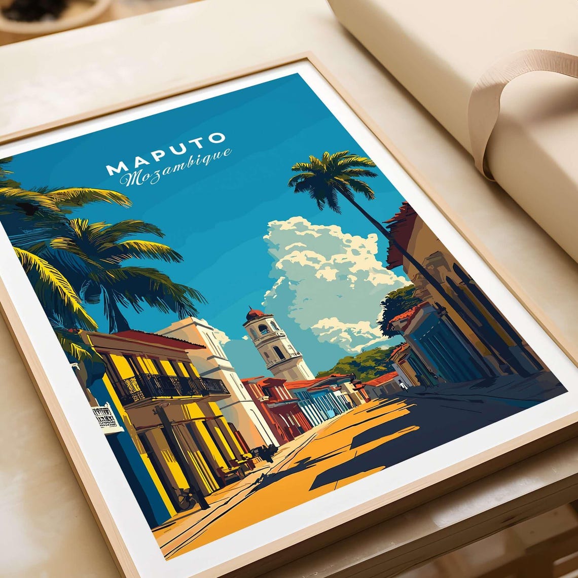 Maputo Mozambique Colonial Street Palm Trees Golden Sunlight Poster - Image 4