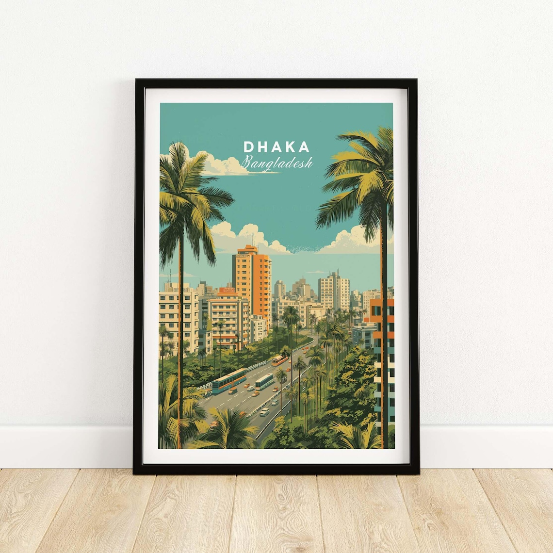 Dhaka Bangladesh Palm Lined City Street Vintage Travel Poster