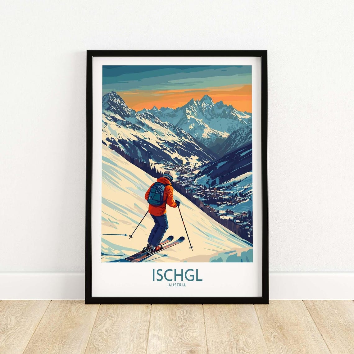 Ischgl Austria Sunset Skier Descending Above Village Scene Poster