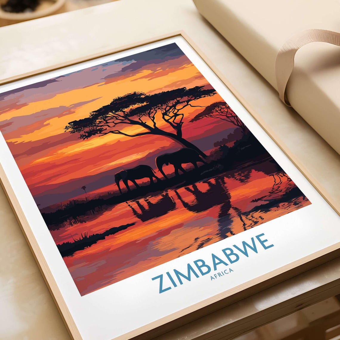 Zimbabwe Sunset Elephants Reflection Africa Safari Travel Poster
