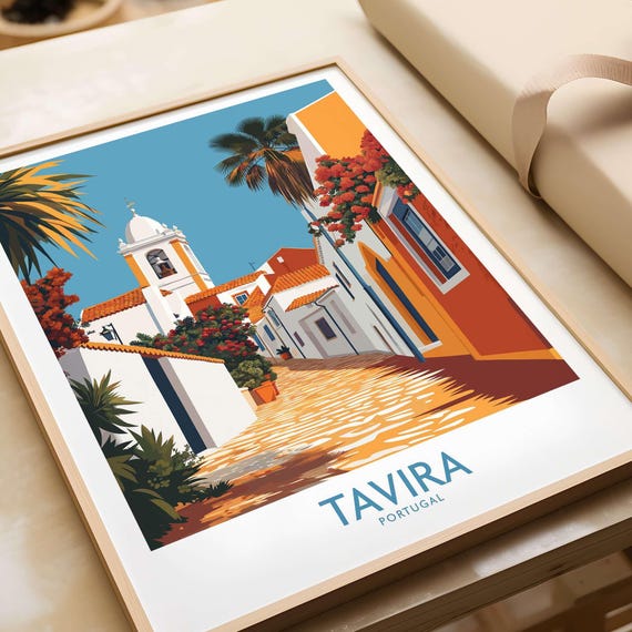 Tavira Old Town Poster Wanderlust Wall Art Travel Gift For Her Framed Print Traditional Street Scene Office Decor