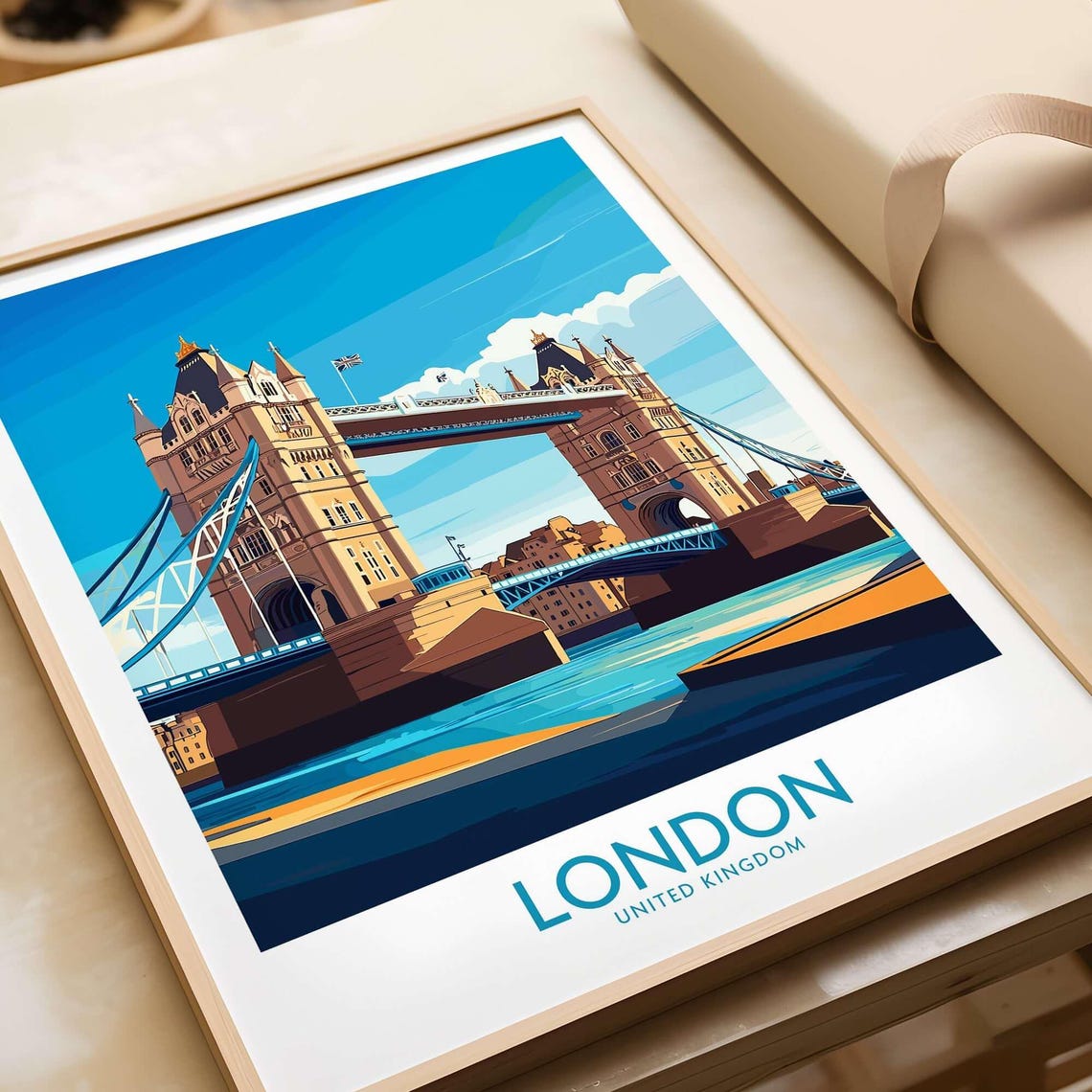 London UK Tower Bridge Thames River Bright Sky Travel Poster