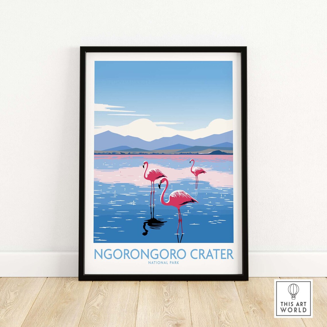 Ngorongoro Crater Tanzania Flamingos Lake Wildlife Travel Poster