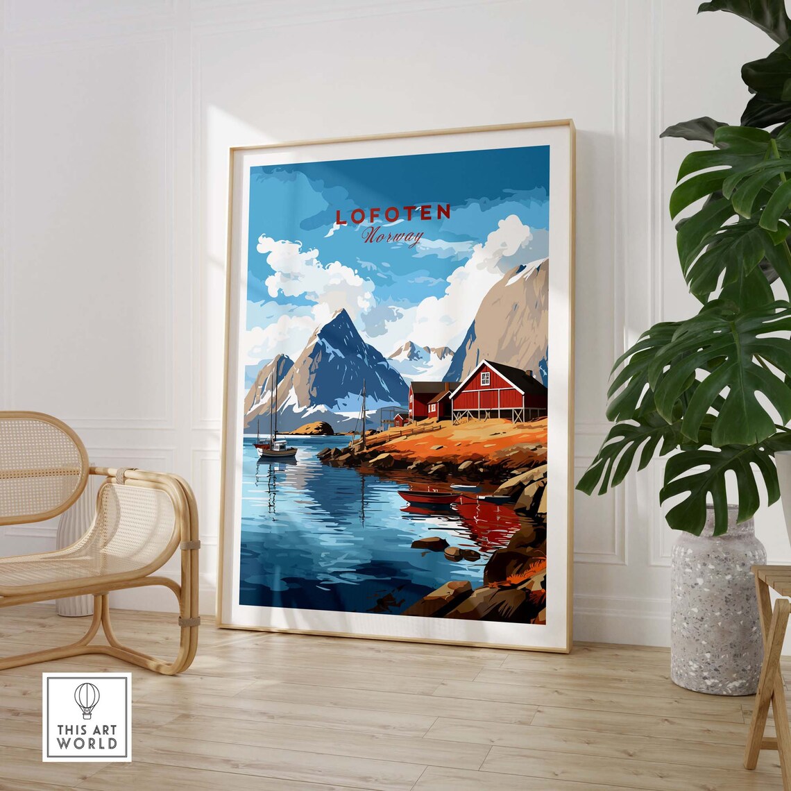 Lofoten Norway Red Cabins Fishing Boats Fjord Mountain Poster - Image 3