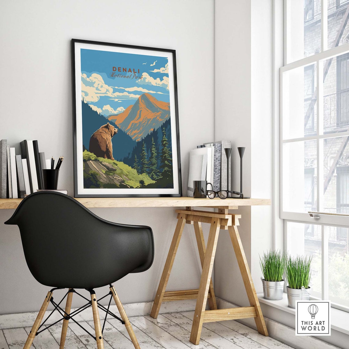 Denali National Park Bear Gazing at the Mountain Range Travel Poster - Image 4