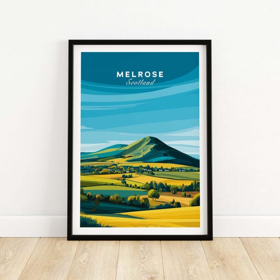 Melrose Scotland Travel Poster Graphic Landscape Print Eildon Hills Wall Art Decor Gift Lovers Illustration Nature