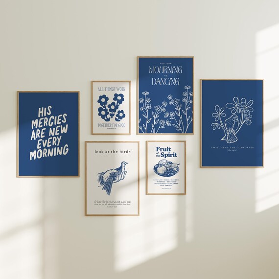 Blue and White Christian Scripture Gallery Wall Set Six Poster