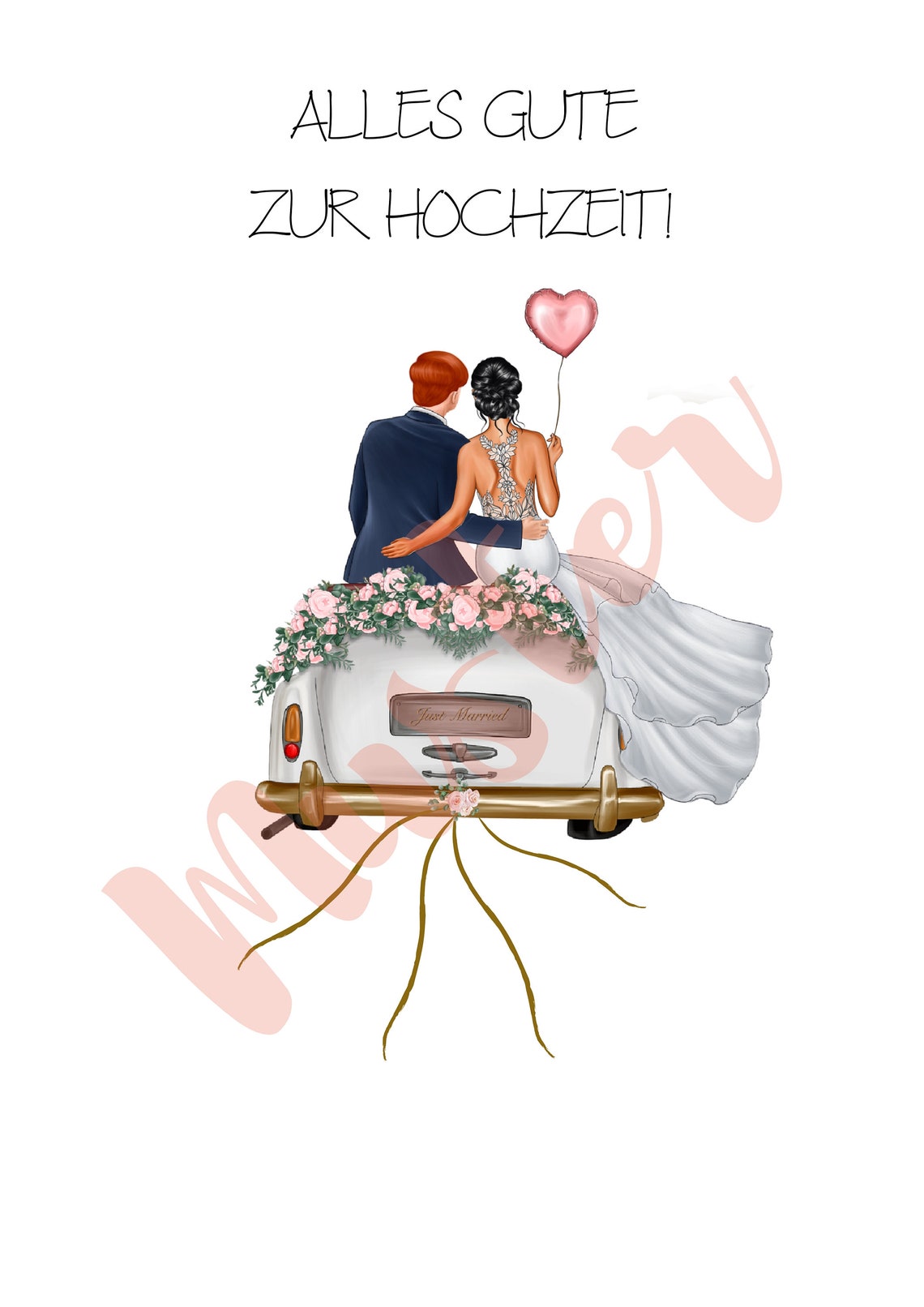 Red Haired Groom Dark Haired Bride Champagne Floral Wedding Car Poster - Image 2