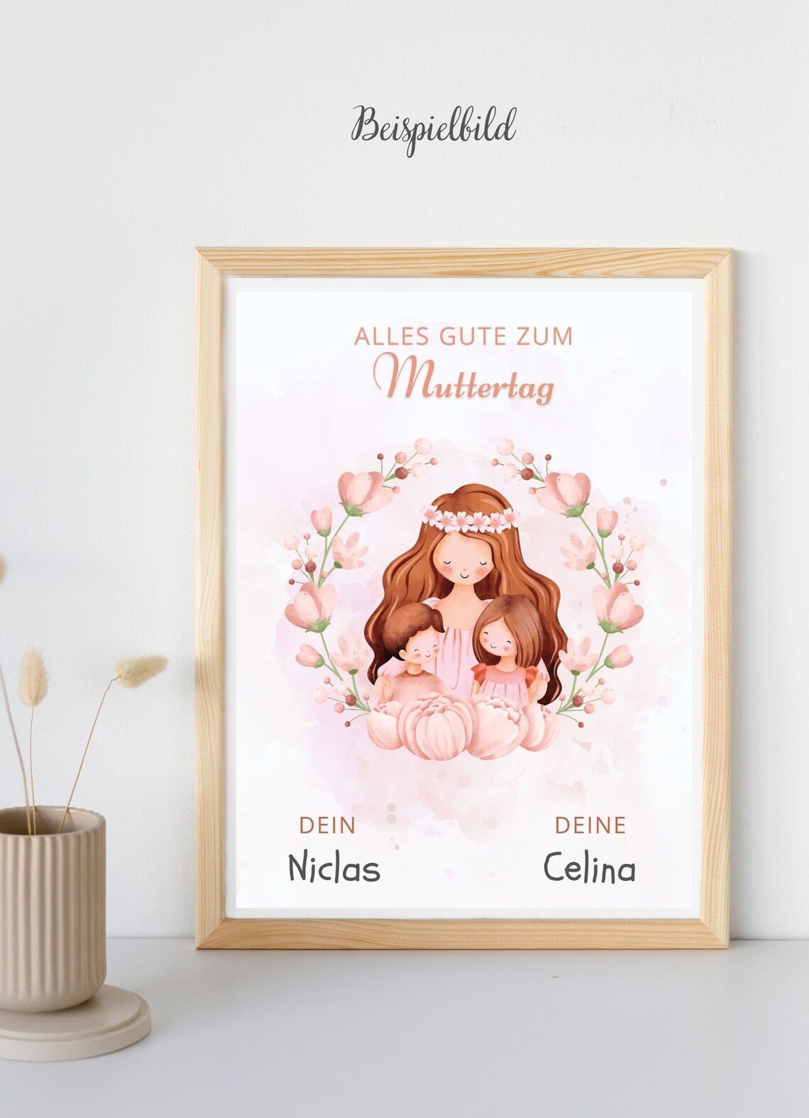 Watercolor Mother's Day Mom with Two Children Floral Wreath Poster