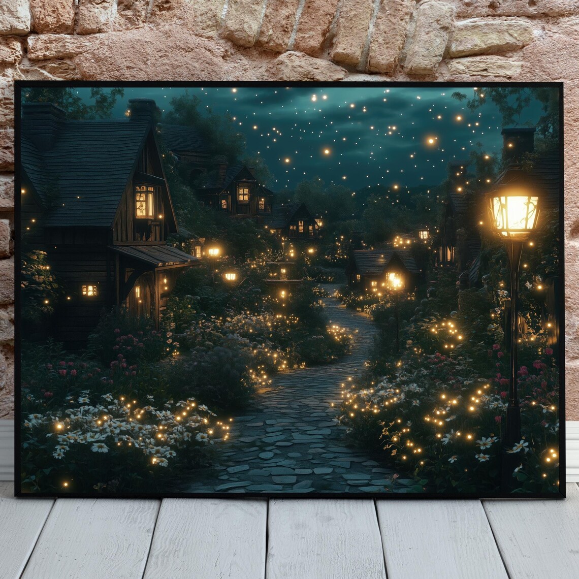 Lantern Path Night Village Fireflies Gardens Fantasy Art Poster