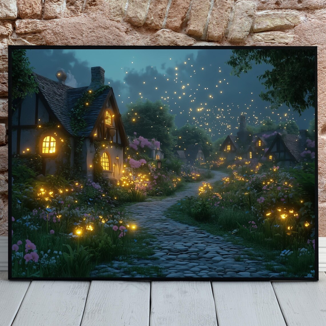 Twilight Cottage Garden Fireflies Night Sky Fantasy Art Poster