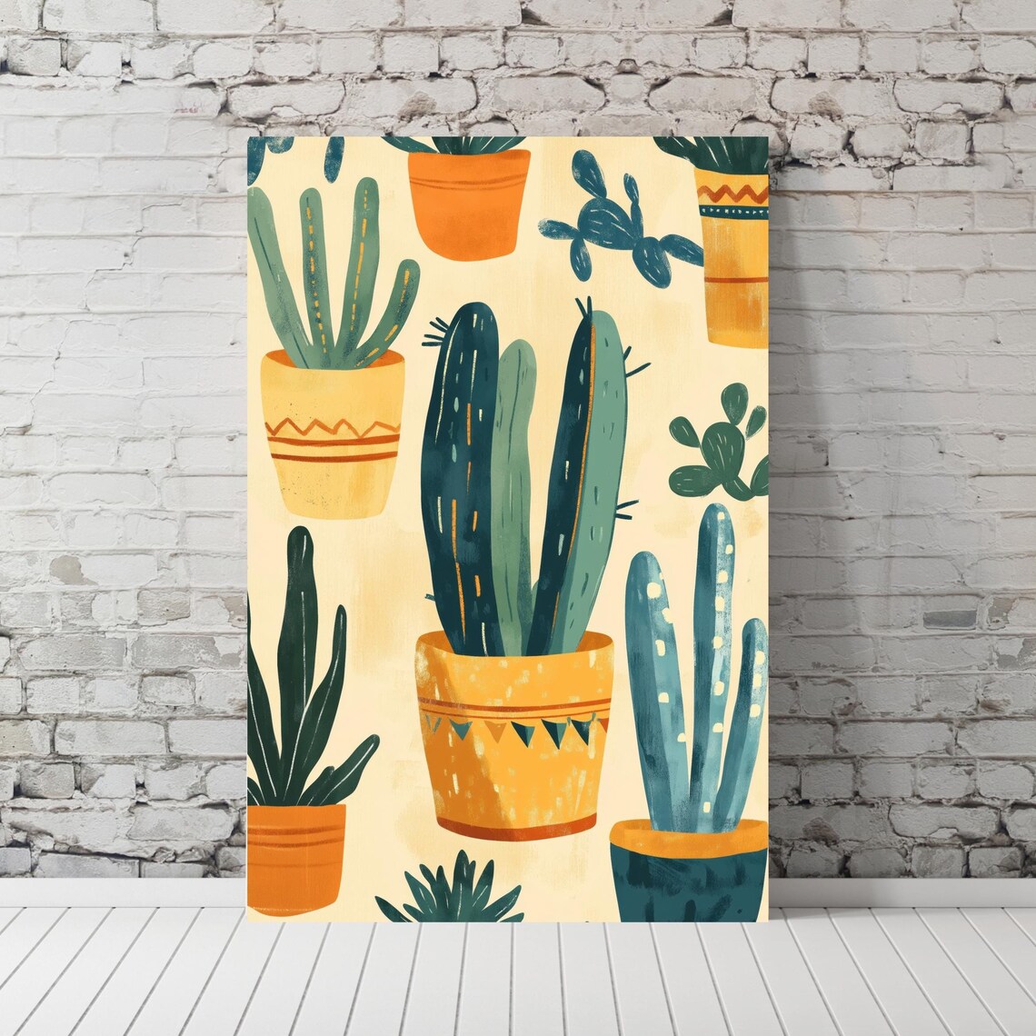 Boho Assorted Potted Plants Colorful Cacti Pattern Art Poster