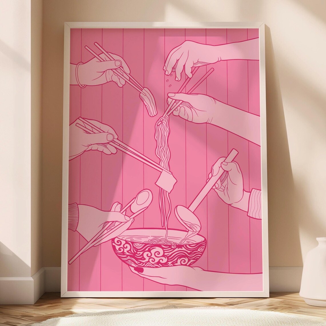 Pink Striped Line Art Shared Ramen Hands Noodle Bowl Illustration Poster