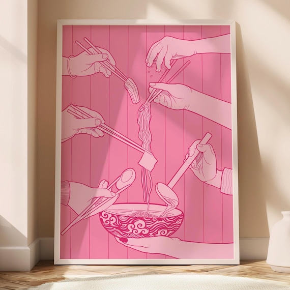 Pink Striped Line Art Shared Ramen Hands Noodle Bowl Illustration Poster
