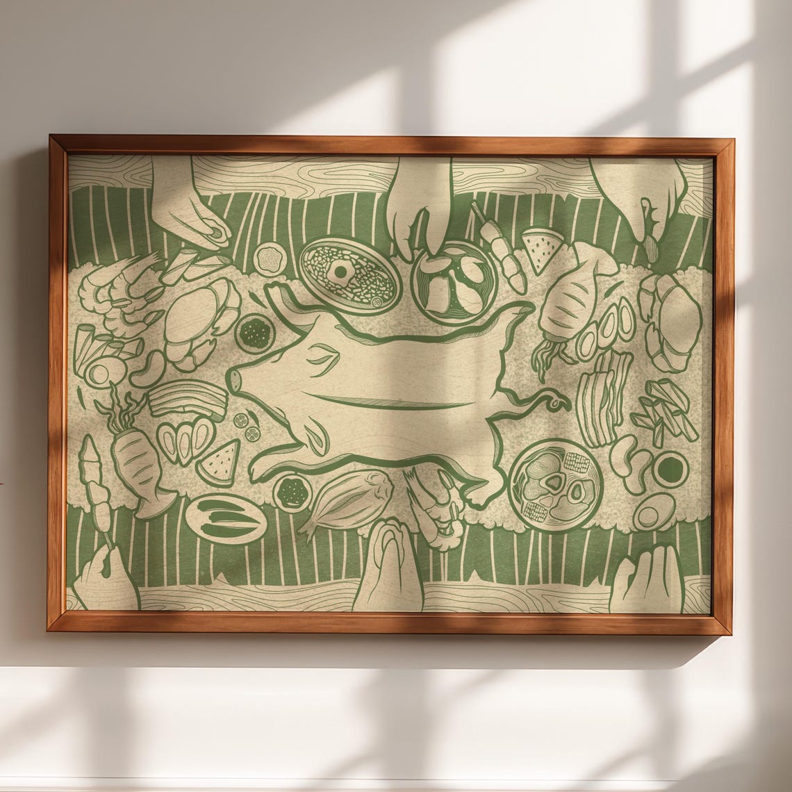 Filipino Kamayan Boodle Fight Lechon Feast Line Art Kitchen Poster