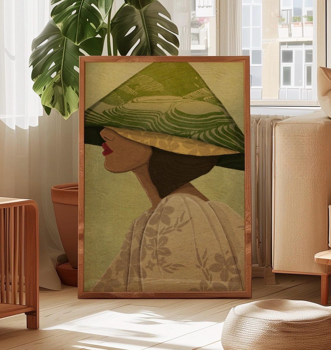 Conical Hat Woman with Floral Blouse Side Profile Art Poster