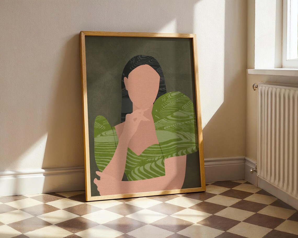 Filipina Beauty Portrait With Green Marbled Patterns Modern Minimalist Poster