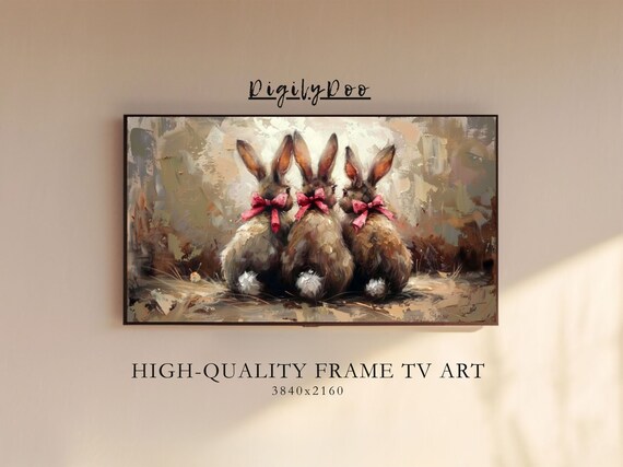 Three Bunnies Pink Bows Backs View Cute Rabbit Painting Poster