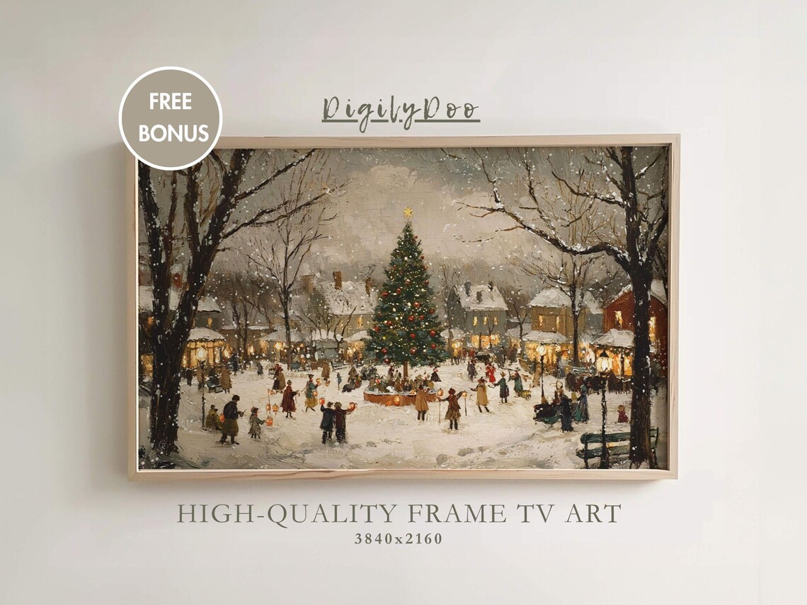 Christmas Village Tree Vintage Holiday Town Art Print