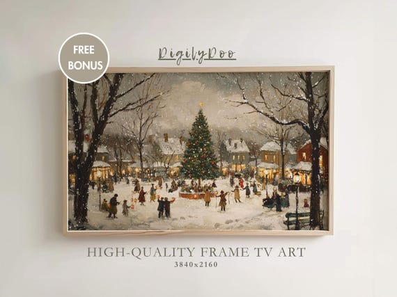 Christmas Village Tree Vintage Holiday Town Art Print