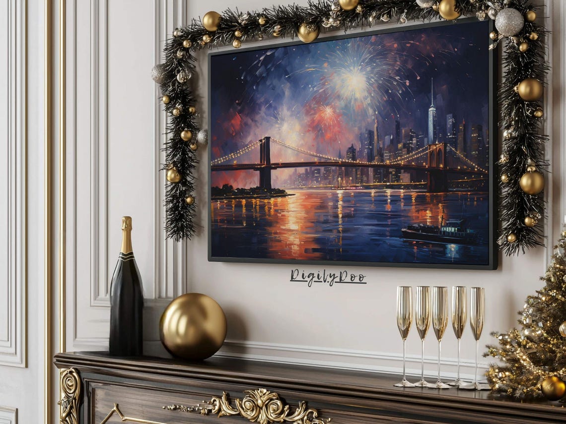 New York Fireworks Brooklyn Bridge Night Skyline Frame TV Poster - Image 3
