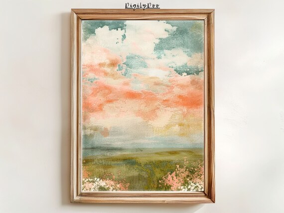 Coral Teal Watercolor Abstract Sky Wildflower Meadow Painting Poster