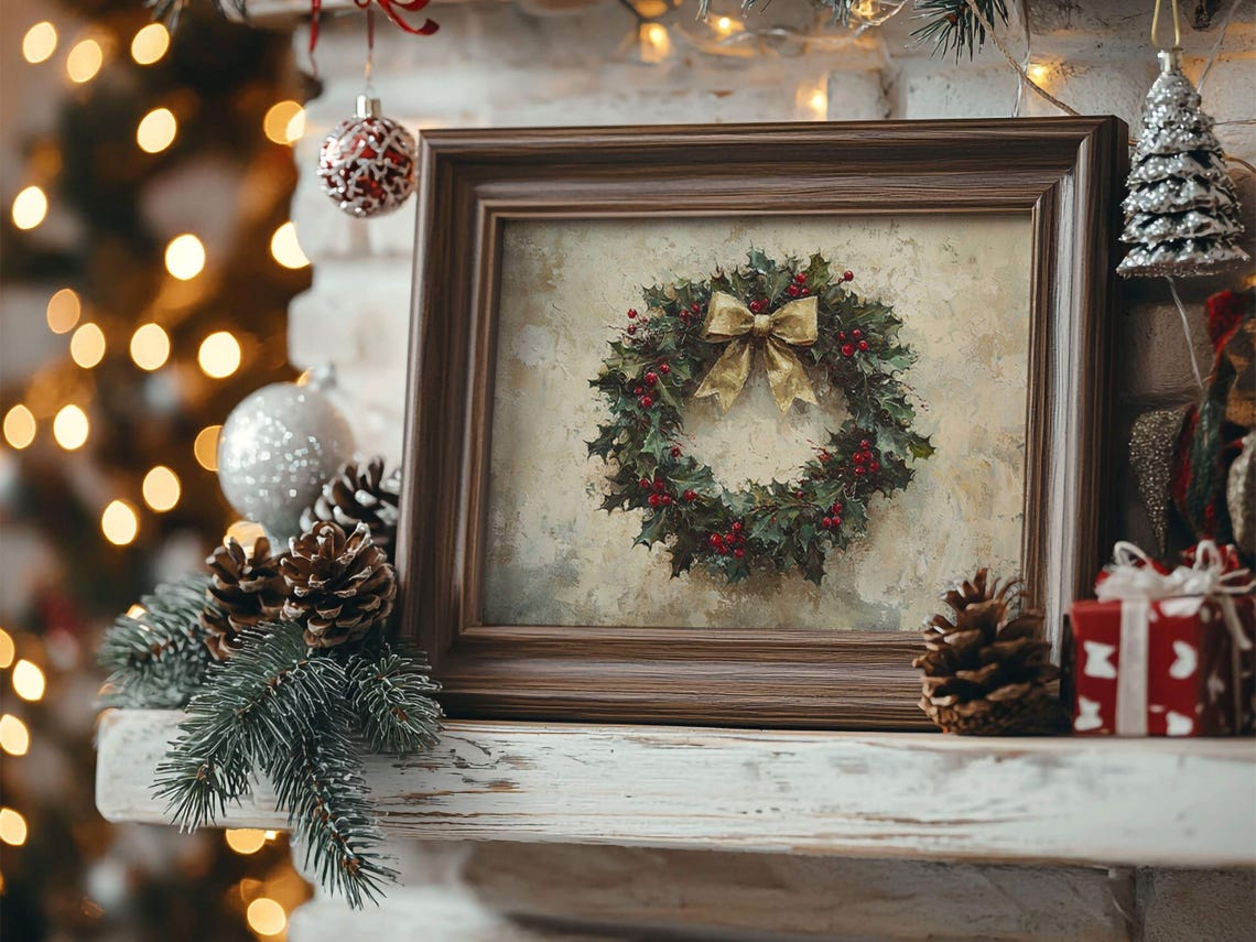 Holly Wreath Champagne Gold Bow Elegant Christmas Decor Art Poster - Image 3