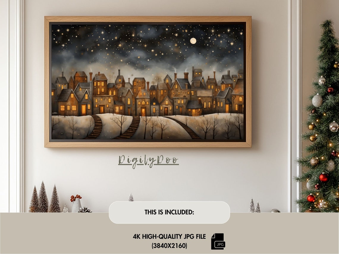 Whimsical Winter Village Starry Moonlit Night Scene Wall Art - Image 2