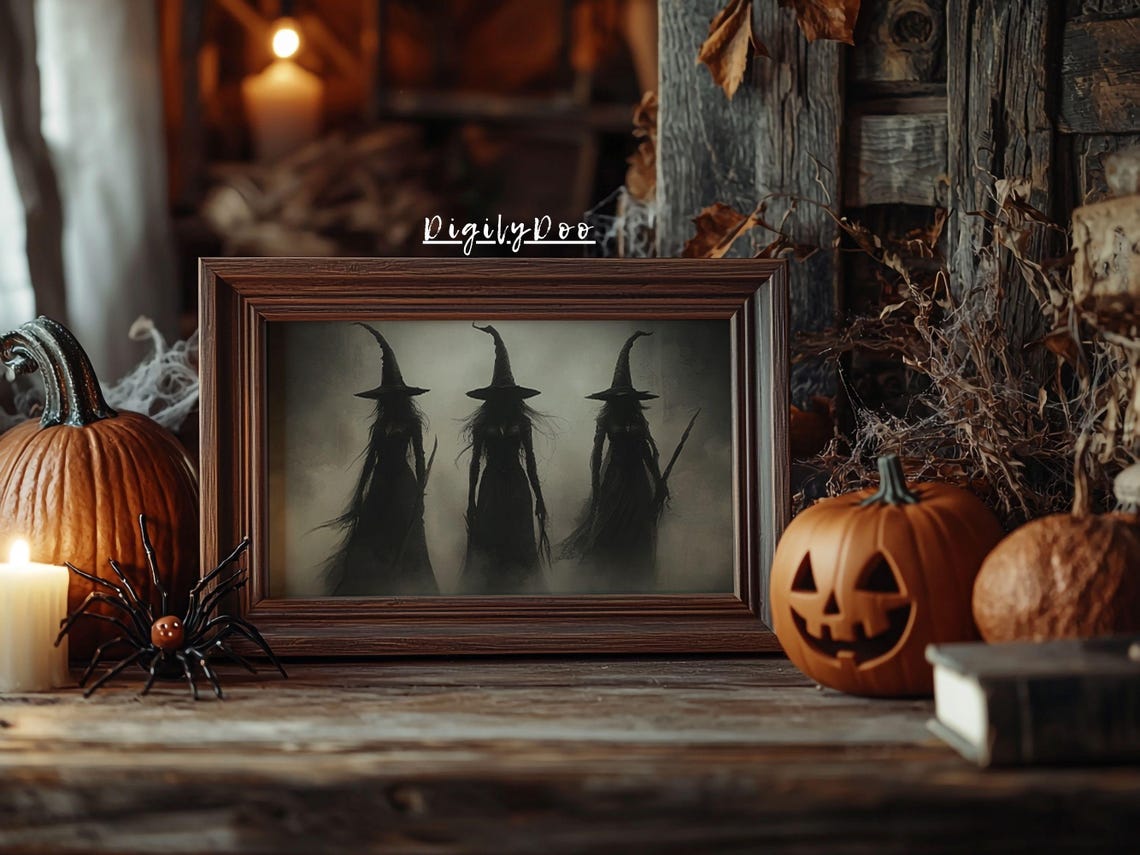 Three Witches Misty Forest Dark Gothic Halloween Decor Art Poster - Image 2