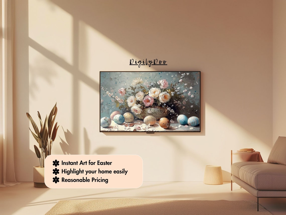 White Rose Bouquet Painted Easter Eggs Floral Frame TV Print - Image 3