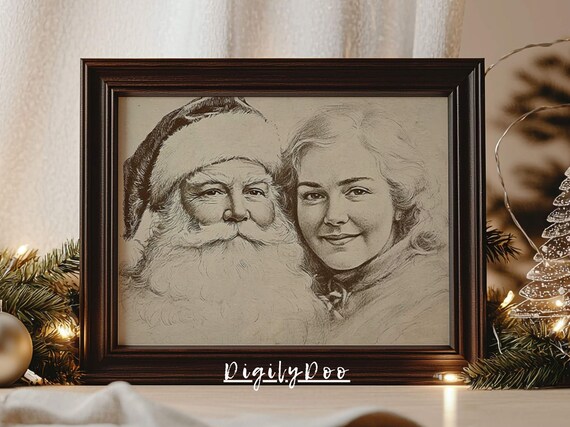 Christmas Santa Wall Art Vintage Xmas Santa Claus And Wife Art Print Winter Holiday Decor Natural Moody Prints Drawing